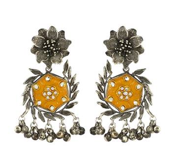 Yellow meena oxidized flower earrings 3