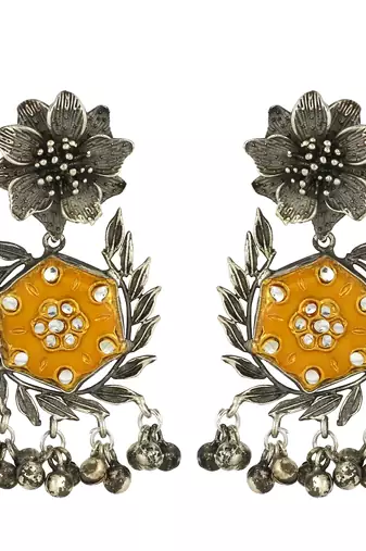 Yellow meena oxidized flower earrings