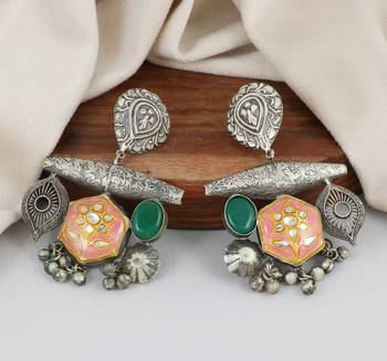 Green onyx meena black oxidize earrings 1