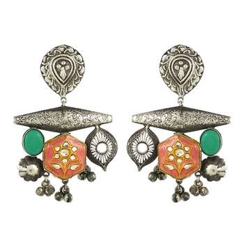 Green onyx meena black oxidize earrings 3