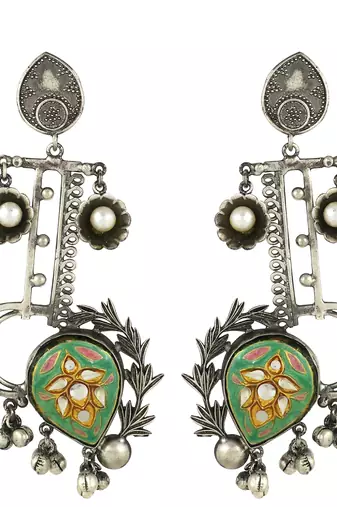 Meena white pearl black oxidize earrings