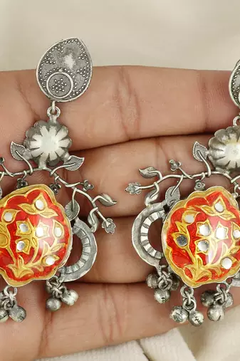 Red meenakari black oxidize earrings