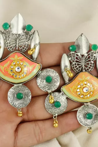 Green onyx oxidize meena earrings