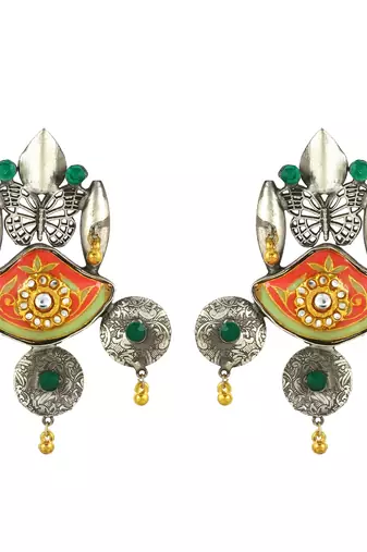 Green onyx oxidize meena earrings