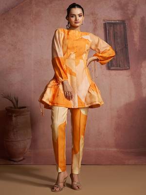 Abstract print pure muslin peplum tunic set with straight pants 1