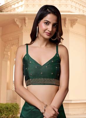 Dark Green Silk Blend Saree with Golden Floral Embroidery Work 7