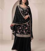 Black chinon heavy embroidery semi stitched wedding palazzo suits