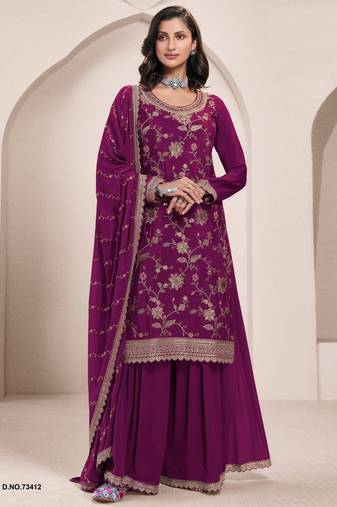 Magenta chinon heavy embroidery semi stitched wedding palazzo suits