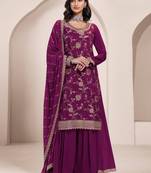 Magenta chinon heavy embroidery semi stitched wedding palazzo suits