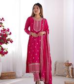 Ranipink chinon silk embroidered work kurtapent with dupatta