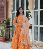 Orange cotton with printed design kurta set