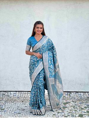 Skyblue Silk blend Sarees with blouse 1