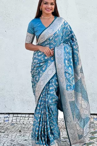 Skyblue Silk blend Sarees with blouse