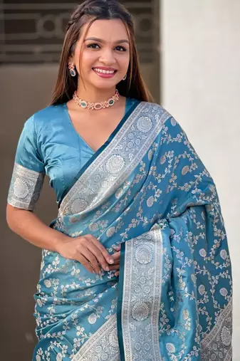 Skyblue Silk blend Sarees with blouse