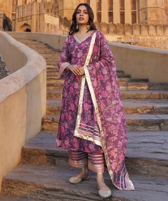 Purple floral printed chanderi kurta set 1