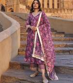 Purple floral printed chanderi kurta set