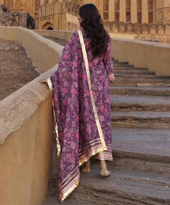 Purple floral printed chanderi kurta set 2