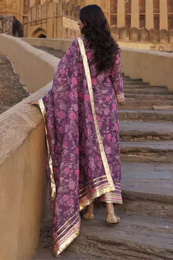 Purple floral printed chanderi kurta set