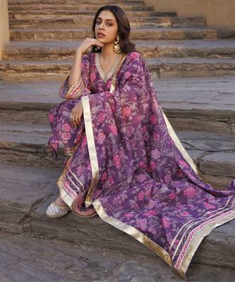 Purple floral printed chanderi kurta set 3