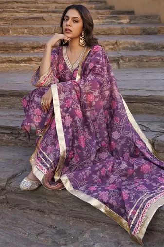 Purple floral printed chanderi kurta set