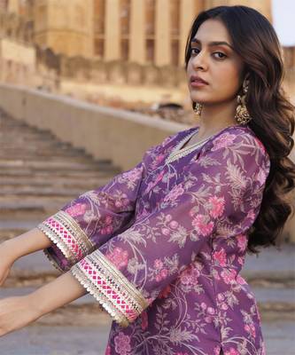 Purple floral printed chanderi kurta set 4