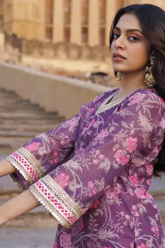 Purple floral printed chanderi kurta set