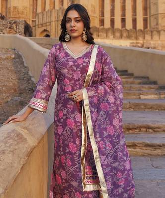 Purple floral printed chanderi kurta set 5