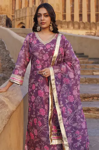 Purple floral printed chanderi kurta set
