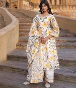 Off-white & yellow floral printed chanderi kurta set