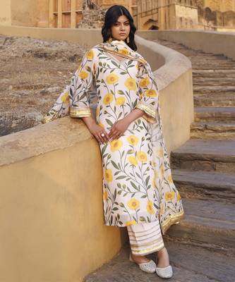 Off-white & yellow floral printed chanderi kurta set 2
