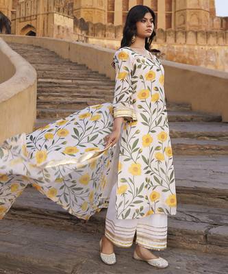 Off-white & yellow floral printed chanderi kurta set 3