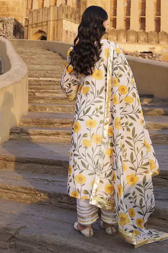 Off-white & yellow floral printed chanderi kurta set