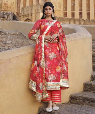 Coral floral printed chanderi kurta set 1