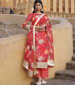 Coral floral printed chanderi kurta set