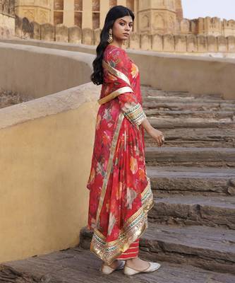 Coral floral printed chanderi kurta set 2