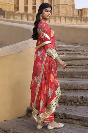 Coral floral printed chanderi kurta set