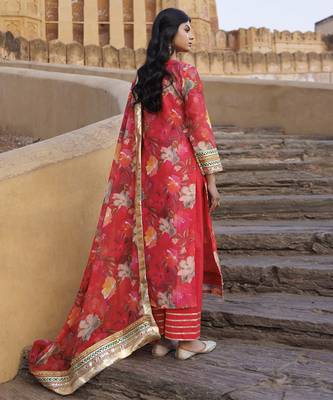Coral floral printed chanderi kurta set 3
