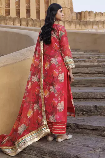 Coral floral printed chanderi kurta set