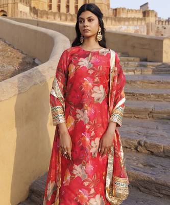 Coral floral printed chanderi kurta set 4
