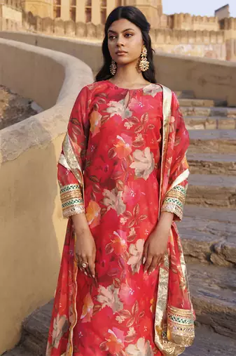 Coral floral printed chanderi kurta set