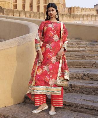 Coral floral printed chanderi kurta set 5