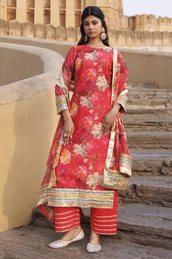 Coral floral printed chanderi kurta set