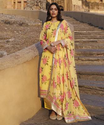Yellow floral printed chiffon kurta set 1