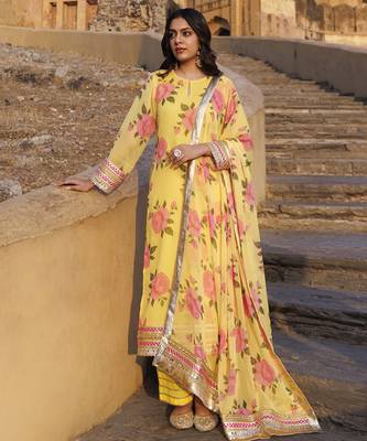 Yellow floral printed chiffon kurta set 2
