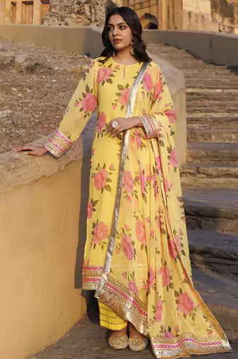 Yellow floral printed chiffon kurta set
