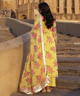 Yellow floral printed chiffon kurta set 3