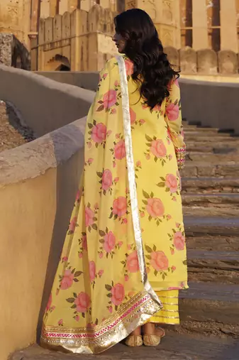 Yellow floral printed chiffon kurta set