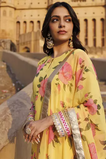 Yellow floral printed chiffon kurta set