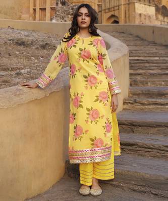 Yellow floral printed chiffon kurta set 5