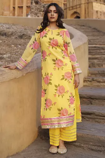 Yellow floral printed chiffon kurta set